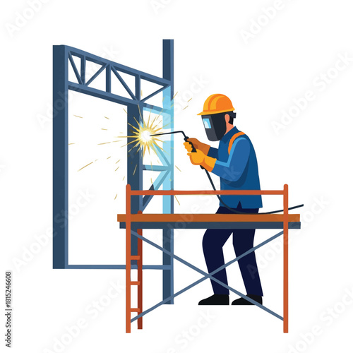 A construction worker is welding a metal frame on a scaffolding, wearing a protective mask and helmet, with bright sparks flying in an illustration.