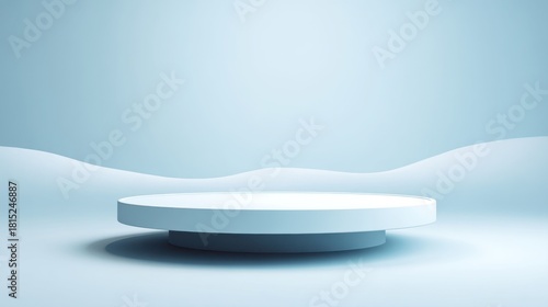 Minimalist Studio Background with Smooth Curves and Round Platform Displaying Soft Light in Calm Blue Tones Ideal for Product Presentation or Photography