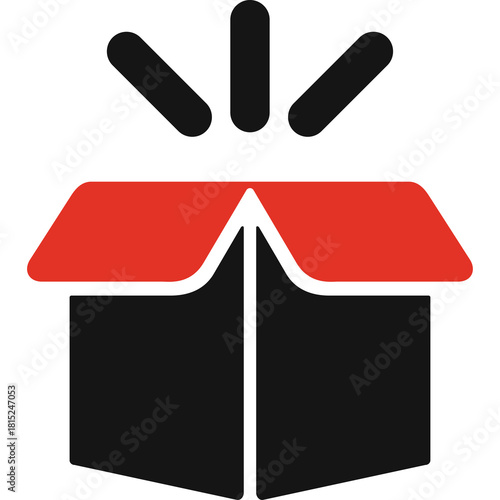 Opened Black And Red Open Box Graphic With White Outline And Rays Of Light Emerging From The Top Against A Transparent Background