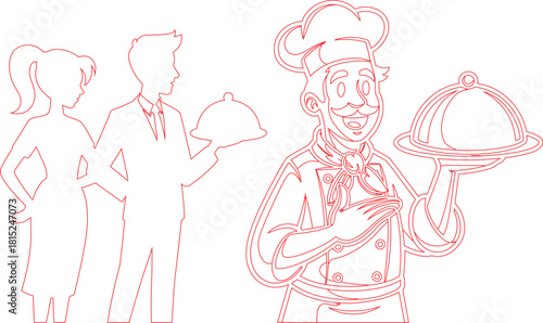 Red Line Art Cartoon Chef, Waiter, and Woman Silhouettes Holding Covered Food Dishes