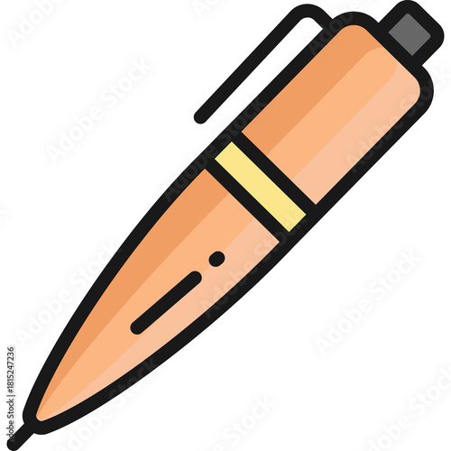 Orange Ballpoint Pen Icon Isolated on White Background Featuring a Smooth Metallic Finish and Black Outline for Drawing and Writing