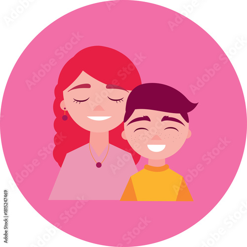 Mother And Son Embracing With Eyes Closed Smiling Happily Together In A Pink Circle Frame With A Gentle Smile And Joyful Expression