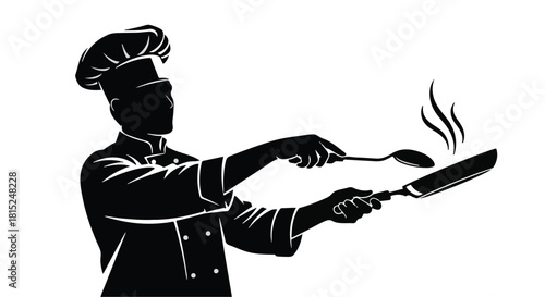 Skilled chef expertly flips food in a hot pan, creating steam and aroma.