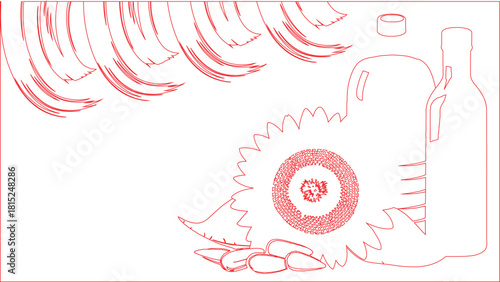 Red Line Art Sunflower, Seeds, Oil Bottles, and Abstract Design Elements on White