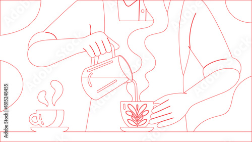 Red Line Art Woman Pouring Liquid into Decorated Coffee Cup with Steaming Companion Nearby
