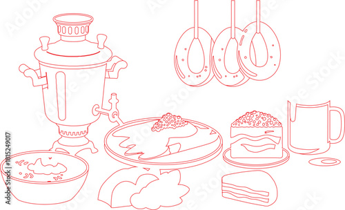 Red Line Drawing Samovar, Bagels, Cake, Pancakes, and Tea for a Festive Celebration