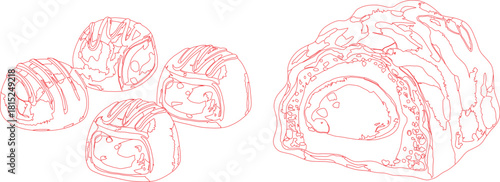 Red Outline Art Four Round Chocolate Candies and One Rolled Chocolate Cake