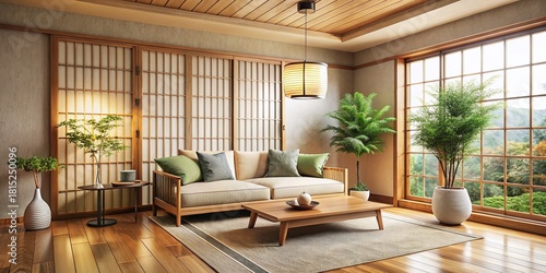 Serene Japandi Living Room: Light Oak Sofa, Washi Lamp, Natural Wood, Panoramic