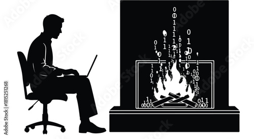 Man working on laptop beside a fireplace with digital data flowing like flames.