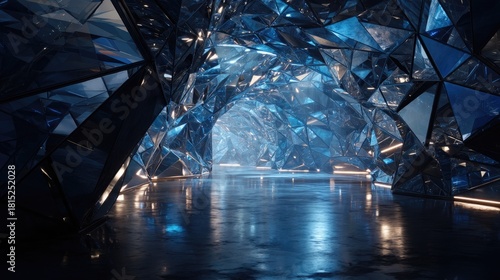 Modern Abstract Blue Crystal Cave with Shiny Facets and Light Effects