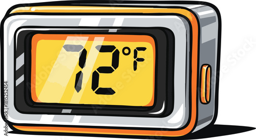 Digital Thermometer With Orange Accents Displays 72 Degrees Fahrenheit With Yellow Illuminated Screen