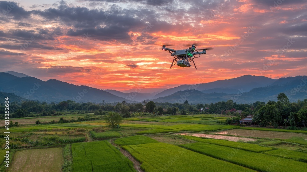 Fototapeta premium Drone Flying Over Rice Fields at Sunset in Scenic Mountain Landscape