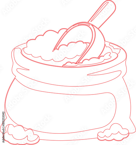 Red Outline Drawing of a Bag Full of Sugar with Scoop Inside