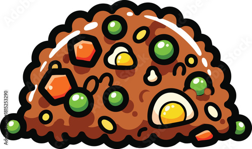 Cartoon Fried Rice with Peas Carrots and Egg Isolated on White