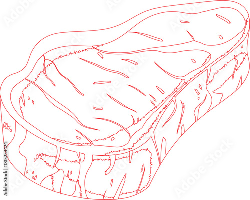 Red Outline Drawing of Beef Steak Cut with Marbling on White Background