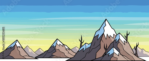 Pixel Art Mountain Range With Snow Capped Peaks Under A Blue Yellow Gradient Sky
