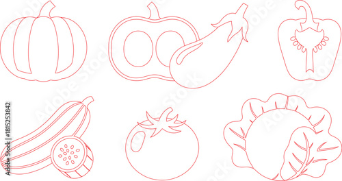 Red Outline Drawing of Six Vegetables Pumpkin, Squash, Eggplant, Pepper, Zucchini, Tomato, Cabbage