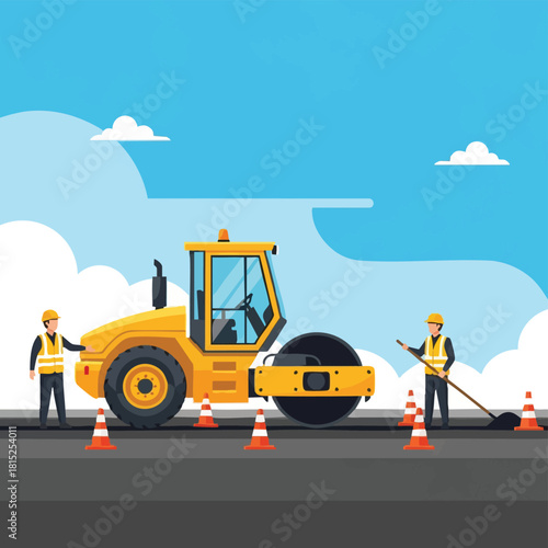 Skilled construction workers operate a large yellow road roller and meticulously spread fresh asphalt, ensuring safe and efficient road building under a clear blue sky.