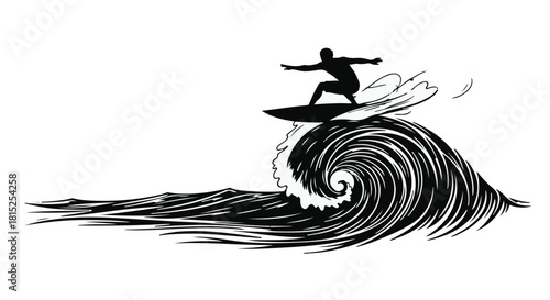Silhouette of surfer catching a powerful wave, embodying freedom and adventure on the ocean.