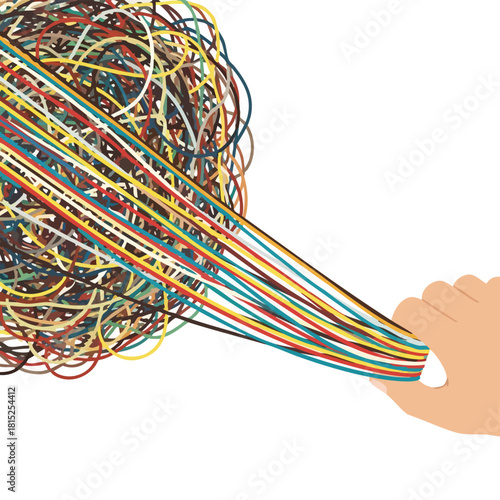A hand holding a mass of colorful tangled wires, symbolizing complexity, connection, and problem-solving against a white background.