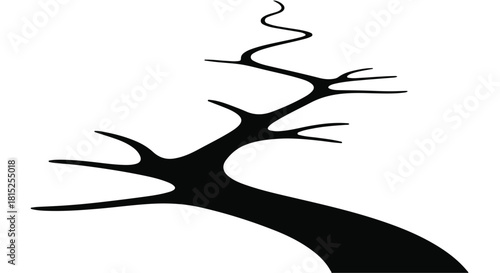 Minimalist silhouette of a bare tree reaching upwards on a stark white background.