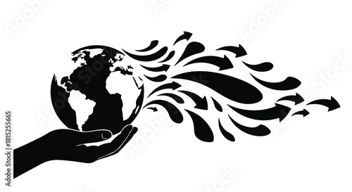 Hand cradles globe as abstract energy streams outward, symbolizing global connection and movement.