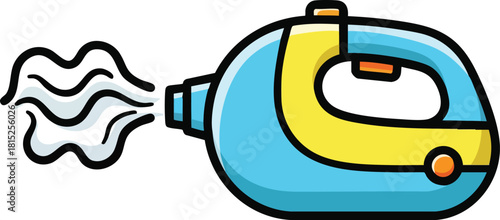 Blue And Yellow Steam Iron Releasing White Steam Against White Background