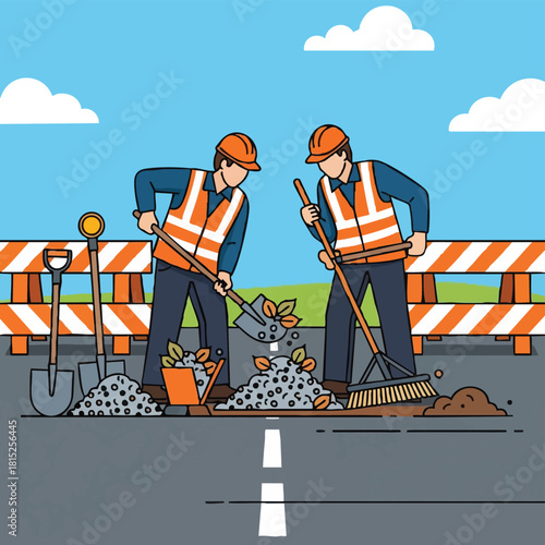 Two construction workers wearing safety vests and helmets are cleaning a road with shovels and brooms under a bright sky.