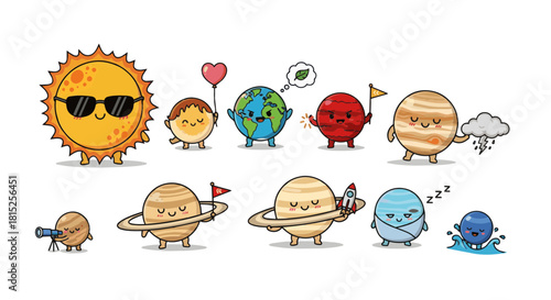 Cute Kawaii Solar System Planets and Sun Character Set