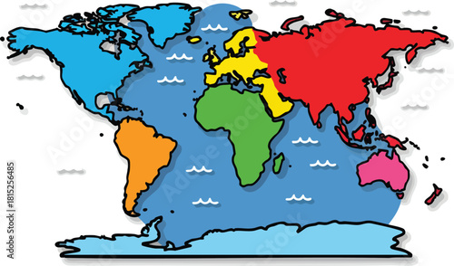 Colorful World Map Continent Representation With Ocean And Waves Illustration