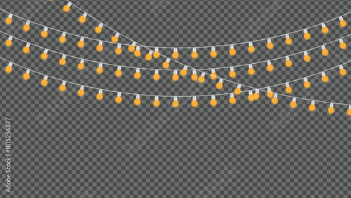 Warm yellow festive string lights hanging in curved rows