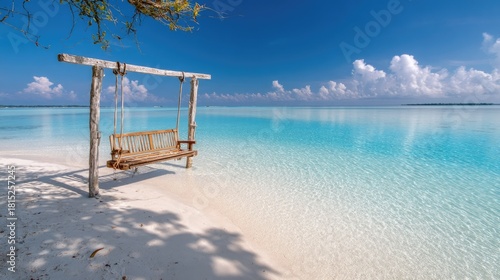 Serene Beach Landscape with Wooden Swing Over Clear Water