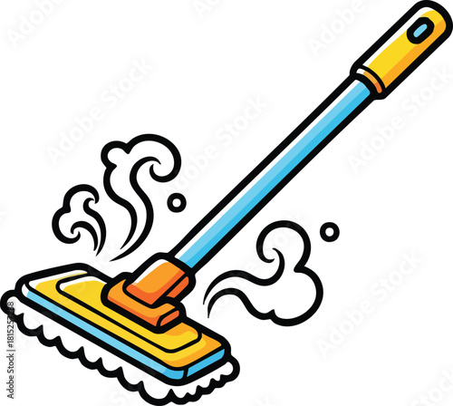Cartoon Mop With Yellow Pad And Blue Handle In Action With Swirls Of Steam