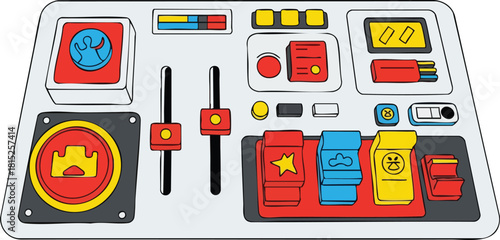 Stylized Control Panel With Sliders Dials Gauges And Buttons In Red Blue And Yellow Colors On White Background