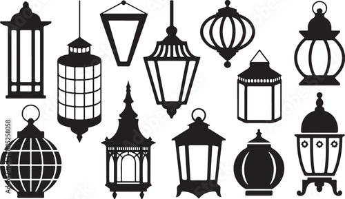 Black lantern silhouettes in various shapes create a traditional, decorative lighting set against a transparent background