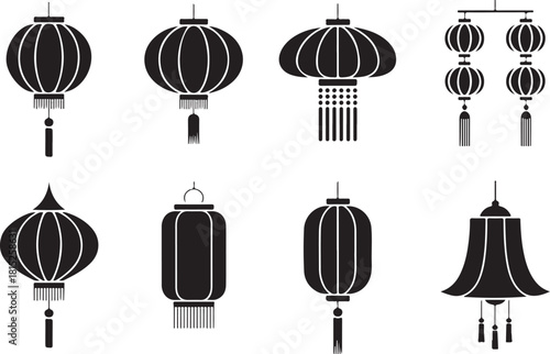 Collection displays eight different silhouettes of classic black Chinese lanterns, showcasing various shapes on transparent background