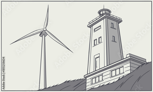 Wind Turbine and Lighthouse on a Hillside energy power