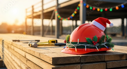 Festive red construction hard hat adorned with a Santa hat, holly, and string lights, resting on wooden planks at a building site during golden hour.