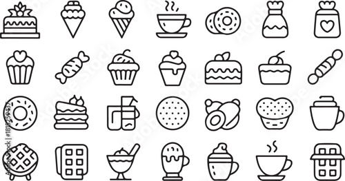 Various desserts including cake, waffle, ice cream, coffee, and candy are displayed in line art