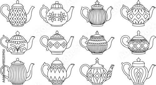 Various outline teapots featuring floral, geometric and striped patterns are arranged on a white background