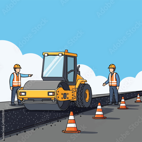 Professional construction workers diligently supervise a large yellow road roller laying fresh asphalt, ensuring the creation of smooth, high-quality thoroughfare infrastructure.