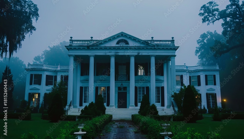 Obraz premium Eerie abandoned mansion enveloped in overgrown vines and fog a cinematic horror experience