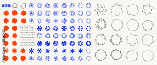 Vector illustration. Bundle of linear flat design elements for poster, book cover, frame, gift card, magazine. Simple minimalist line art wavy objects. Circle shapes in hipster geometric style