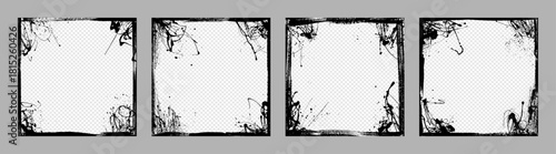 Vector illustration. Grunge overlay frame. Hand drawn abstract border set. Ink brush strokes edge with halftone dotted texture and paint splatter. Border layer on a transparent background