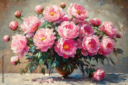 Overhead View Of Delicate Pink Peonies In Oil Painting