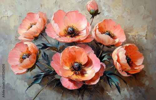 Close-Up Oil Painting Of Gentle Pink Peonies On Gray Surface