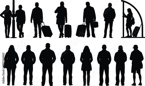 Silhouettes of travelers and standing people, airport passengers with luggage, walking and waiting poses, travel crowd illustration for transportation and tourism design