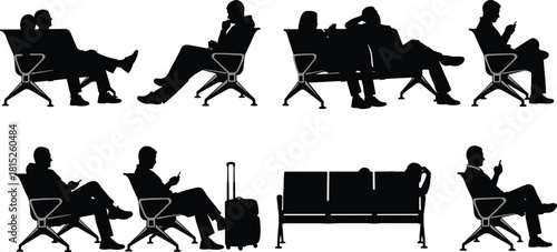 Silhouettes of travelers sitting in airport waiting area chairs, using phones, relaxing, waiting for flights, travel passengers in terminal seating
