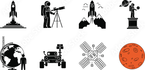 Space exploration icon set with rockets, astronauts, telescope, globe, rover, satellite, and planet illustrations for science and education design