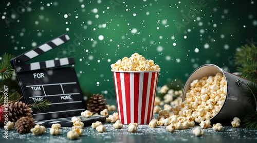 Winter holiday movie night concept with a cinema clapperboard, fresh popcorn, and festive Christmas decorations on a snowy background